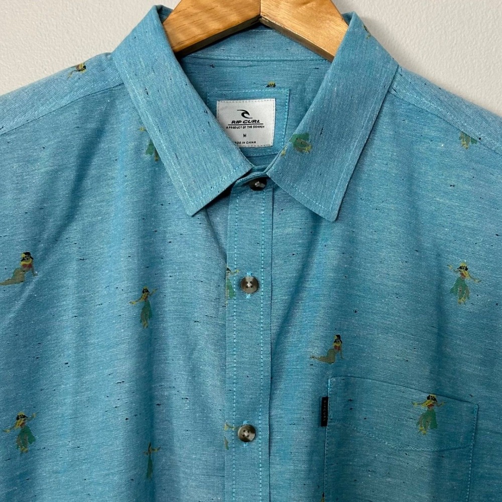Rip Curl Shirt Mens Medium Blue Hula Girl Mermaid Print Short Sleeve Button Down